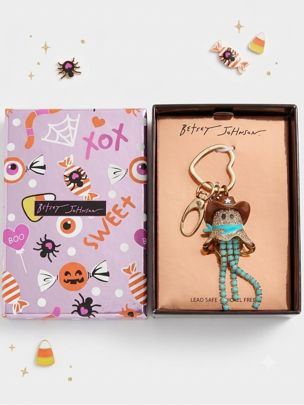 Betsey Johnson Ghost Cowboy Fringe & Crystal Accents Keychain Bag Charm NWT 👻🤠